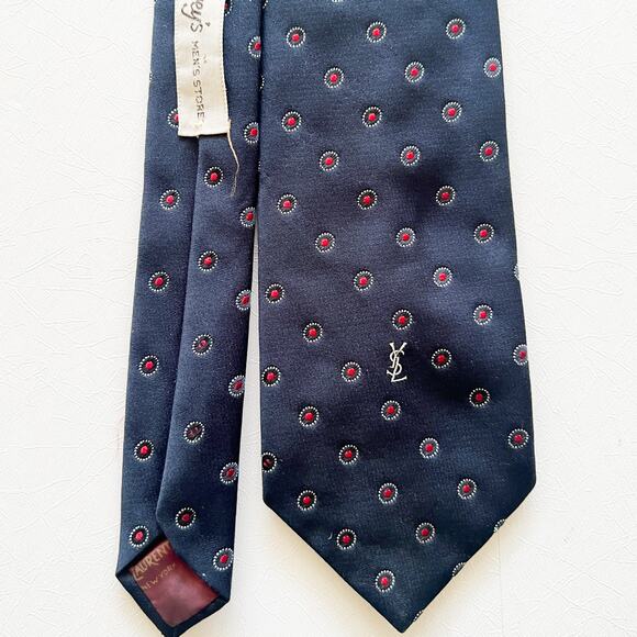 VTG Yves Saint Laurent Mens 100 Silk Tie Navy & Red Dots, Embroidered Logo EUC - Picture 9 of 10